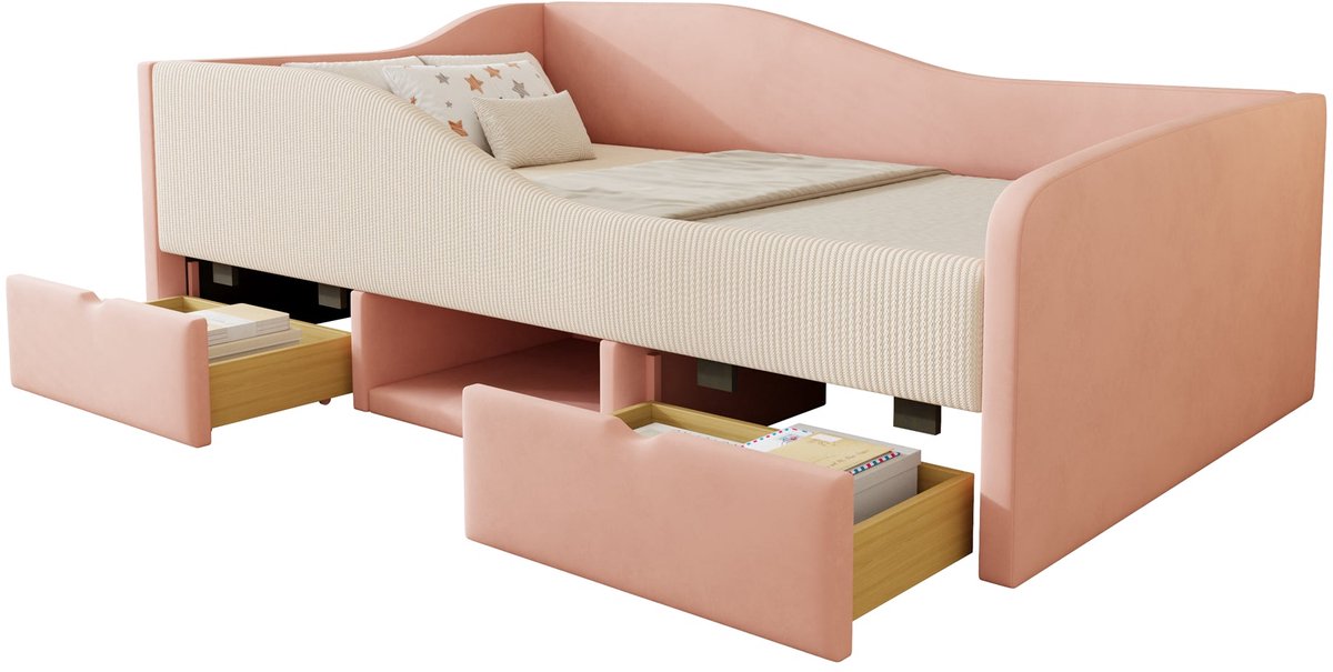 Merax Gestoffeerd Bed 90x190 - Slaapbank - Bed met Opbergruimte - Met Veiligheidshekken - Twee Schubladen - Fluweel - Roze en Crèmewit