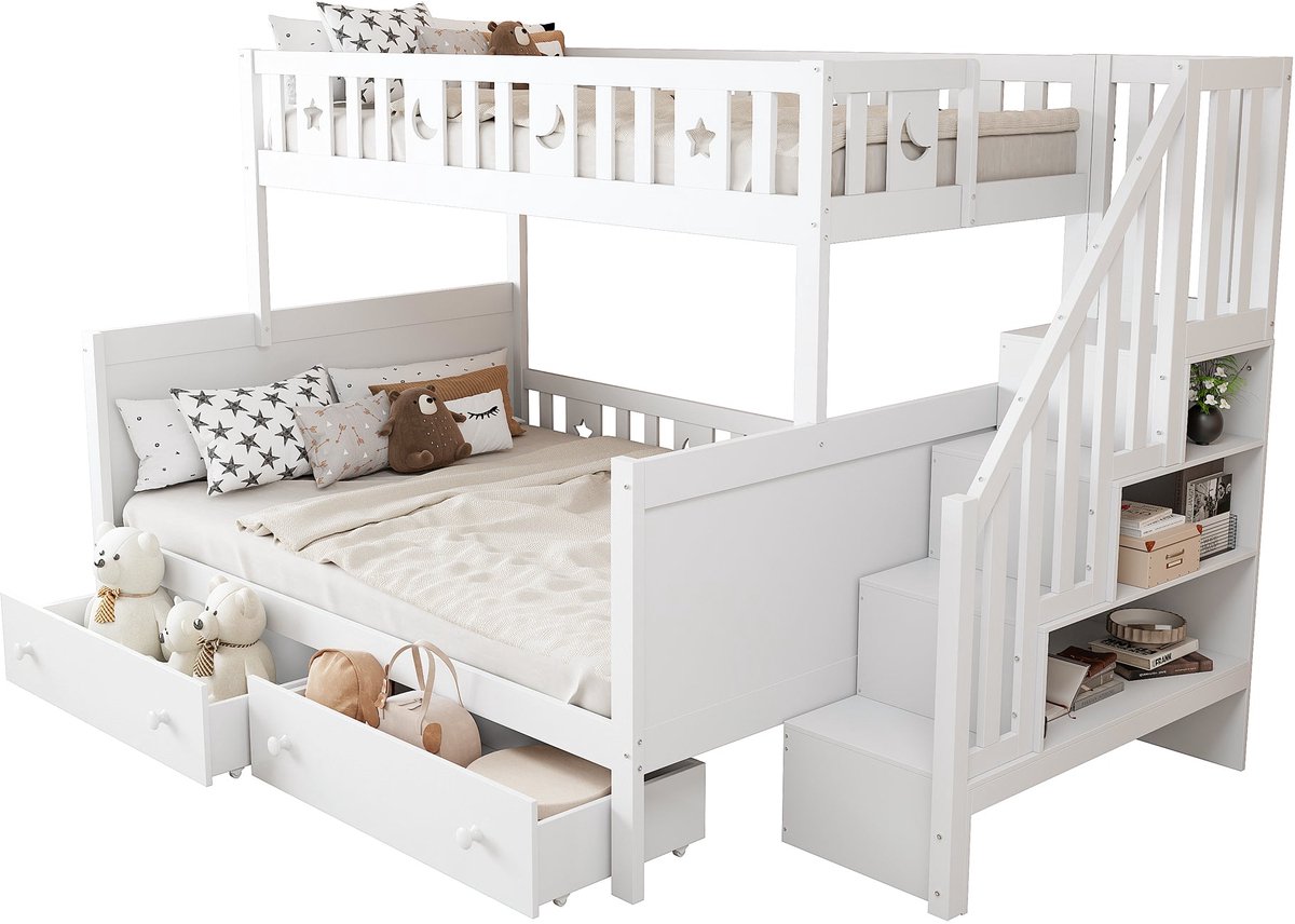 Merax Stapelbed voor Kinderen 90x200 en 140x200 - Bed met Opbergruimte - Veiligheidstrap met Kasten - Twee Grote Lades - Houten Lattenbodem - Wit