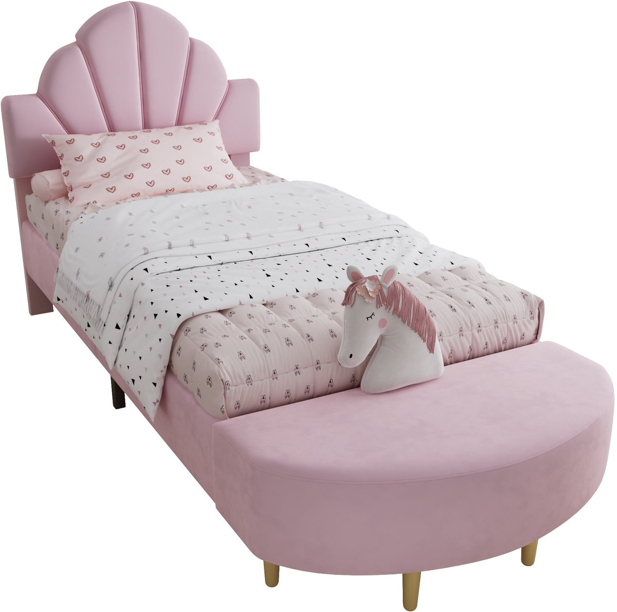 Merax Gestoffeerd Bed 90x200 - Fluweel - Eenpersoonsbed met bijpassende voetbank - Zachte stootrand - Houten lattenbodem - Roze - Zonder matras