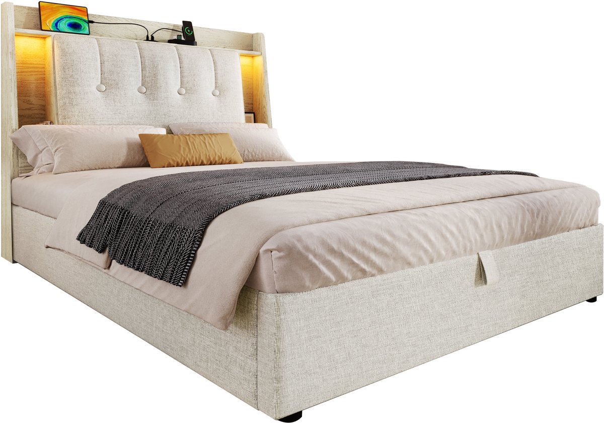 Merax Gestoffeerd Eenpersoonsbed 90x200 - Beige - Linnen Look - LED Verlichting Met App Bediening - USB En Type-C Oplaadstation - Hoofdbord Met Opbergvakken En Flip-Top Vak - Lattenbodem Inbegrepen - 300 Kg Draagkracht