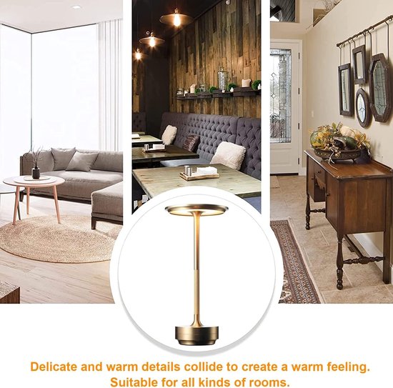 Oplaadbare LED Tafellamp, USB-C, 1800 mAh Dimbare Waterproof Draadloze Sfeerlamp met Touch Bediening, oplaadbare ronde metalen lamp met aanraakbediening, Woonkamer, Restaurant en Bar, zilver van LoraTap — afbeelding 3
