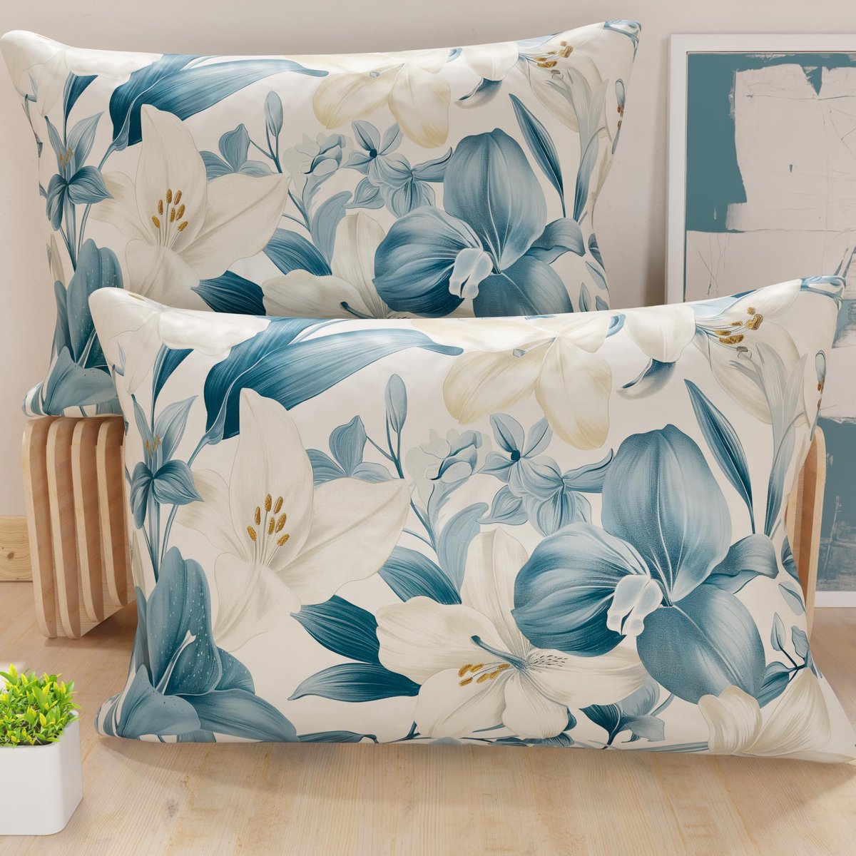 Unyqoos Set van twee decoratieve kussenhoezen van zachte microvezel voor bank Blauw wit