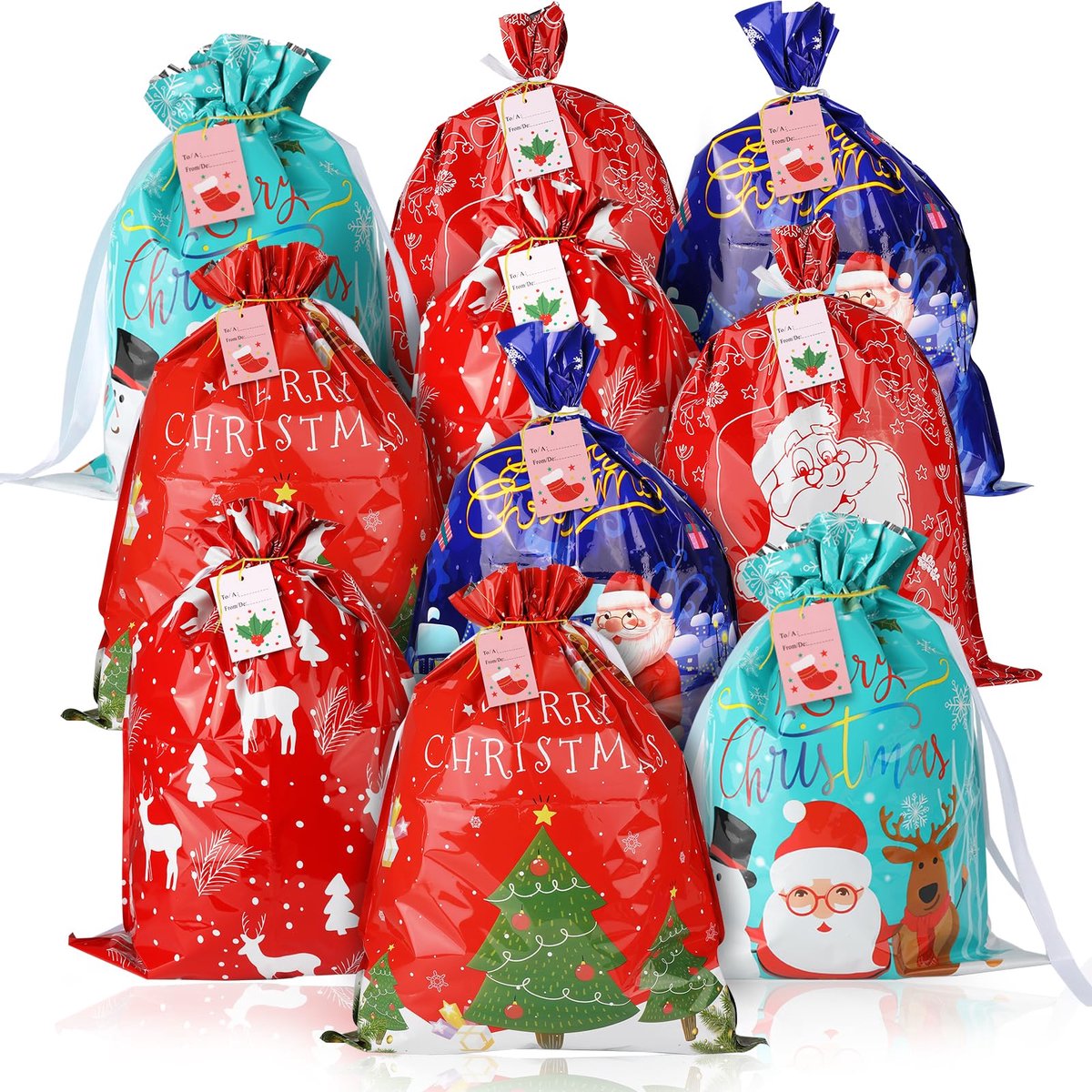 10 Pieces Giant Christmas Gift Bag, Xmas Gift Bag with Label Christmas Gift Bags for Wrapping Christmas Gifts
