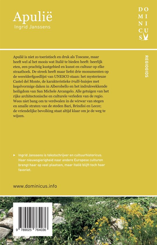 Achterkant van een boek met de titel 'Apulië' door Ingrid Janssens en beschrijving.