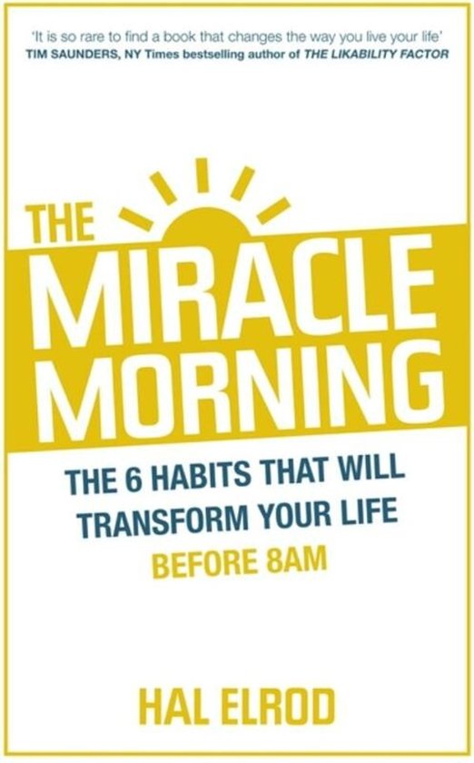 Boek "The Miracle Morning" met gele zon en tekst. "The 6 habits that will transform your life before 8AM".