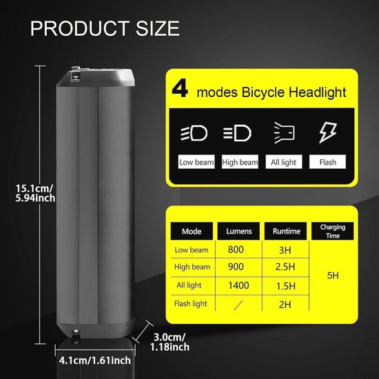 LED Fietslamp 1400 Lumen - USB Oplaadbare Fietsverlichting met 4000 mAh Accu - Waterdicht IPX5 — afbeelding 3
