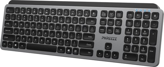 Phreeze draadloos toetsenbord - ergonomisch - bluetooth en usb ontvanger - stil - qwerty - full size - oplaadbaar usb c - voor laptop pc en tablet - grafiet zwart
