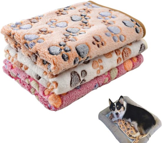 Tatuo 4 stuks hondendeken voor huisdier, puppy, bijtringen, pootafdruk, fleece deken voor huisdier, kat, zachte, warme slaapmat cavia-kooimat (medium (76 x 50 cm), wit, koffie, roze, paars
