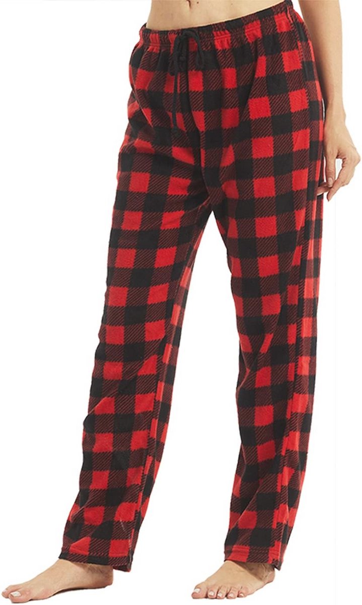 Zachte Fleece Pyjamabroek Dames - Lange Geruite Nachtkleding met Trekkoord voor Winter