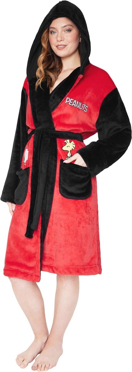 Fleece ochtendjas voor dames met capuchon en strikband
