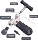Detail van een fietskettingpons met labels in het Duits: 'Drehgriff', 'Kette Weide Nagelstift', 'Kettenschrauben', 'Stiftspitze ersetzen', 'Kettenhakel', 'Bohrung zum Auswechselnder Stiftspitze'.