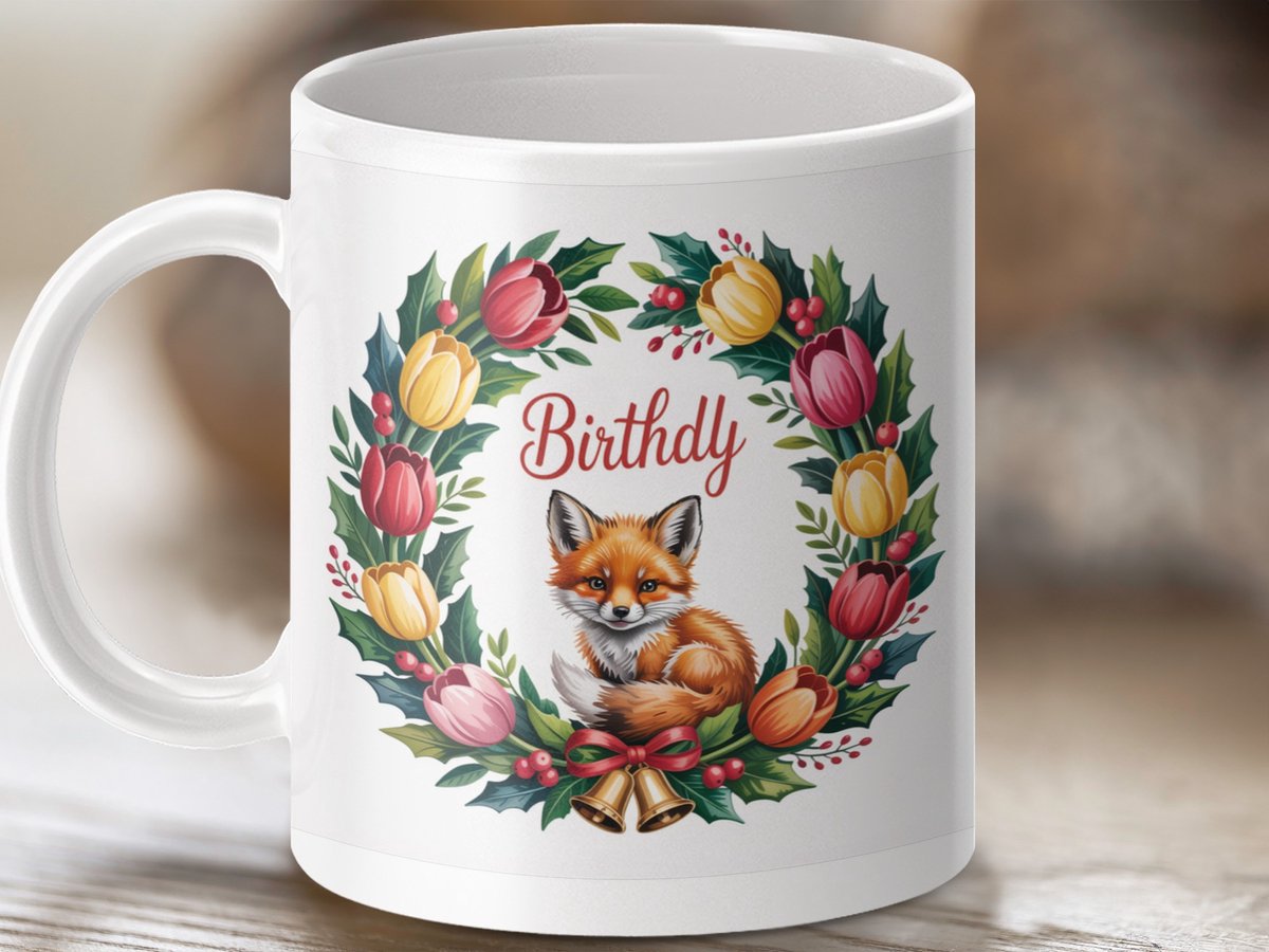Mok vos verjaardag tulpen krans mok, aangepaste verjaardag mok, verjaardag cadeau idee