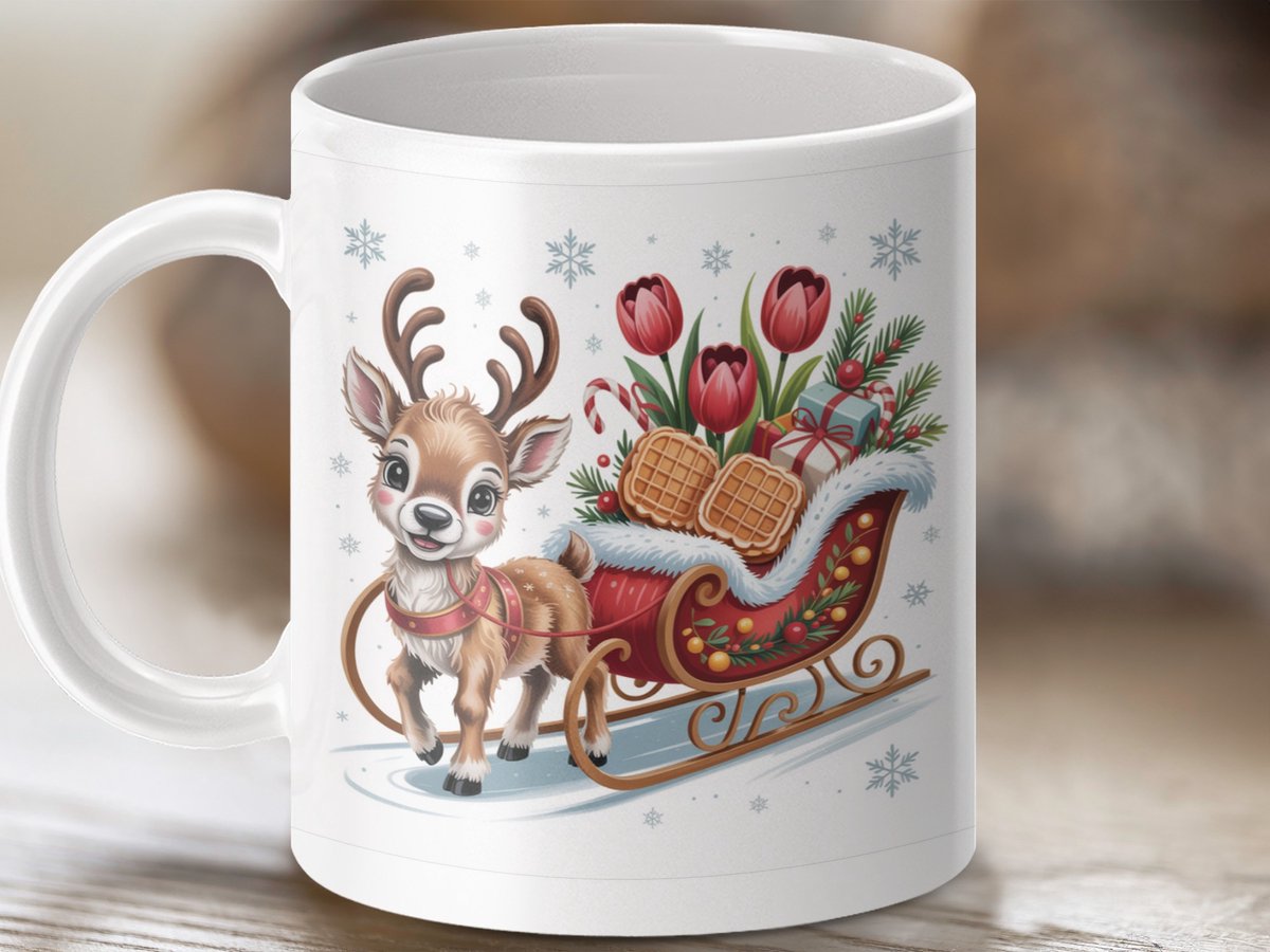Mok Vrolijk Kerstfeest Rendier Slee Mok, Feestelijke Kerstmok, Schattige Rendier Cadeau, Winterse Beker, Cadeau voor de Feestdagen