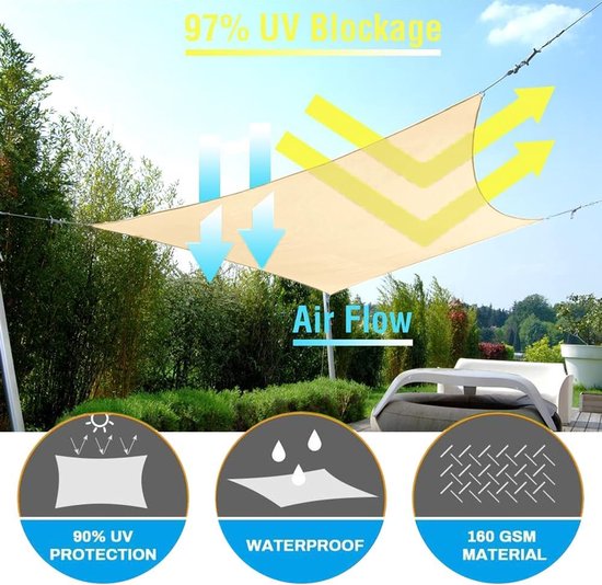 Beige zonnedoek, 97% UV-blokkade, luchtstroom, waterdicht, 160 GSM materiaal.