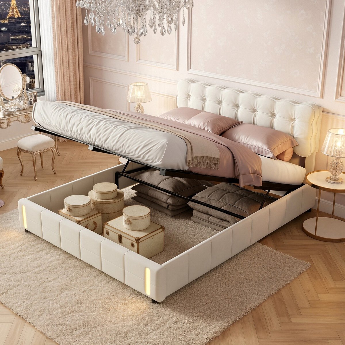 ADFBL Ottomaans Bed 140x200 cm Beige - Fluweel Bed met Opbergruimte & LED Bewegingssensor | Gecapitonneerd