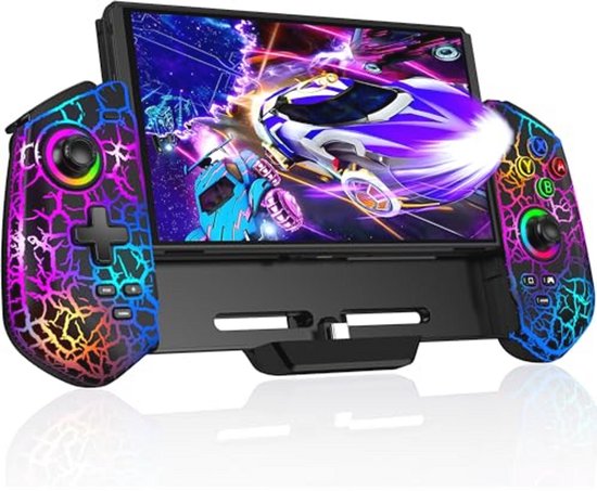 Manette Switch avec motif craquelé arc-en-ciel attachée à une Nintendo Switch.