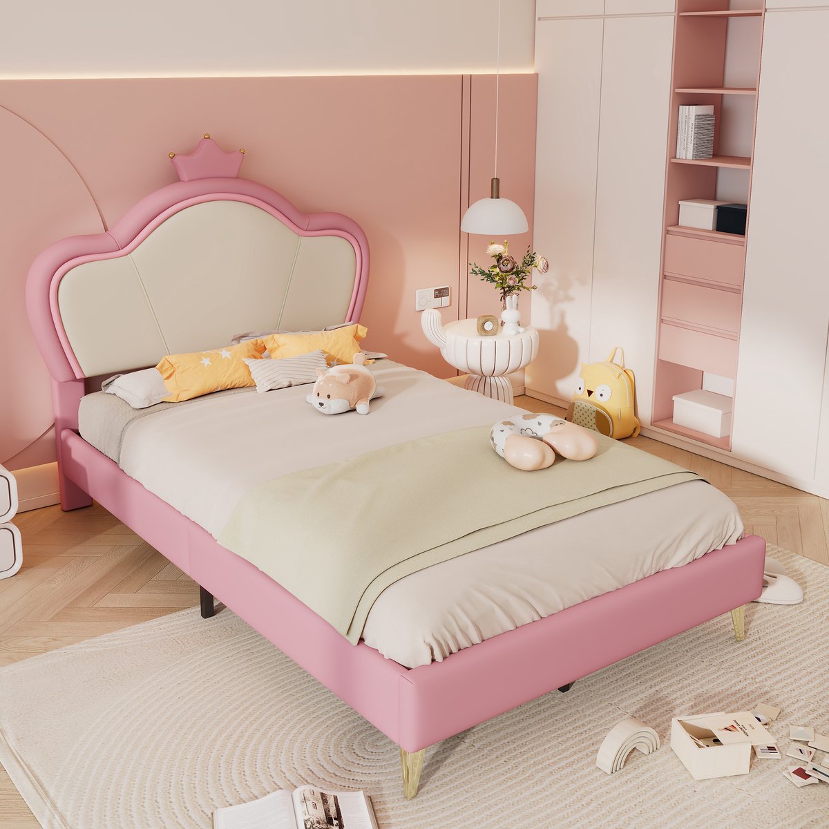 STILVORA Gestoffeerd Bed 90x200 - Kinderbed Met Hoofdbord Met Kroon - Geschikt Voor Kinderkamers - PU - Roze