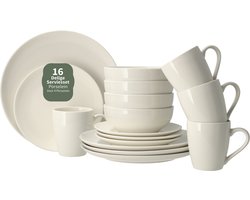Serviesset 16-Delig Wit – Porseleinen Servies 4-Persoons – Complete Bordenset met Dinerborden, Ontbijtborden, Kommen en Mokken – Magnetron en Vaatwasser Bestendig