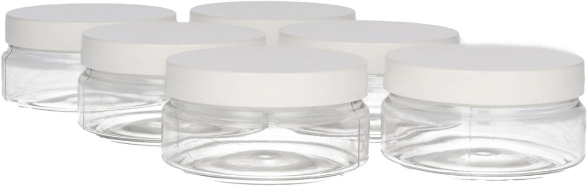 6 x Ronde Pot 100ml PET Kunststof - Transparant met Schroefdeksel wit - PET Kunststof BPA-vrij - Plastic Verzamel potten Navulbaar - Met Dop - Lege Potten - 6 stuks