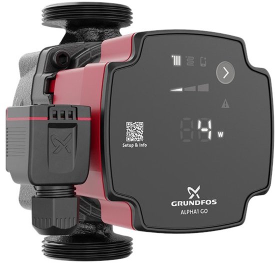 Zwarte circulatiepomp met rode accenten en digitaal display. Grundfos ALPHA1 GO.