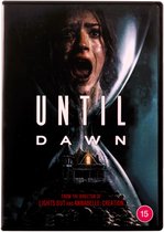 Een vrouw met een angstige uitdrukking in een zandloper op de hoes van Until Dawn.