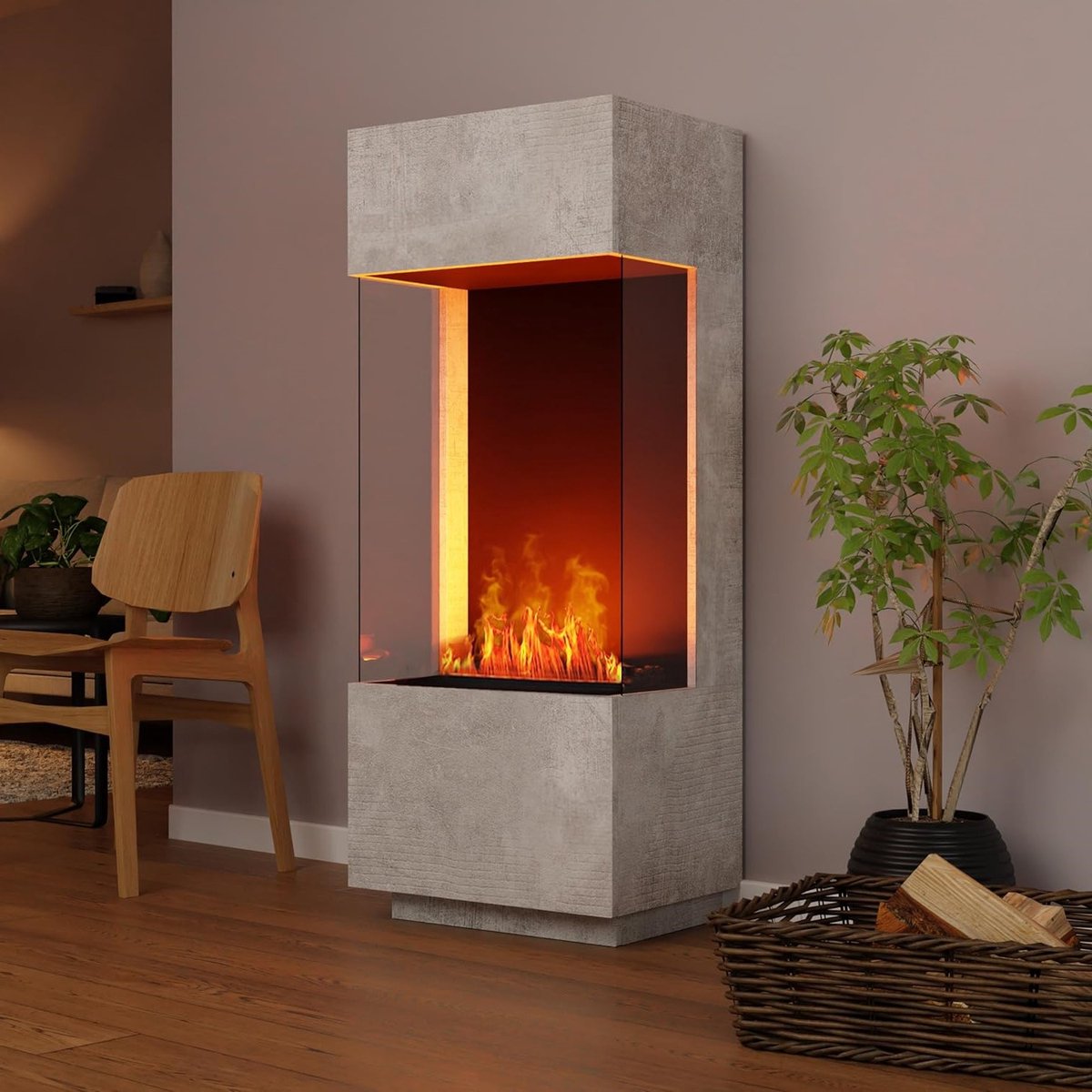Elektrische Waterdamp Staande Haard TasalFurniture GlowFlame 3D – Vrijstaande Elektrische Kachel met Realistische LED Vlammen, Knisperend Geluid, Afstandsbediening, Beton 55x136x40 cm – Opti-Myst® Waterdamp Technologie