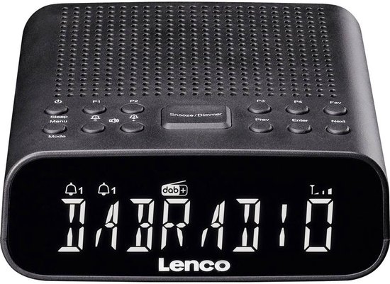 Zwarte digitale wekkerradio met wit display, 'DABRADIO', en zichtbare knoppen.
