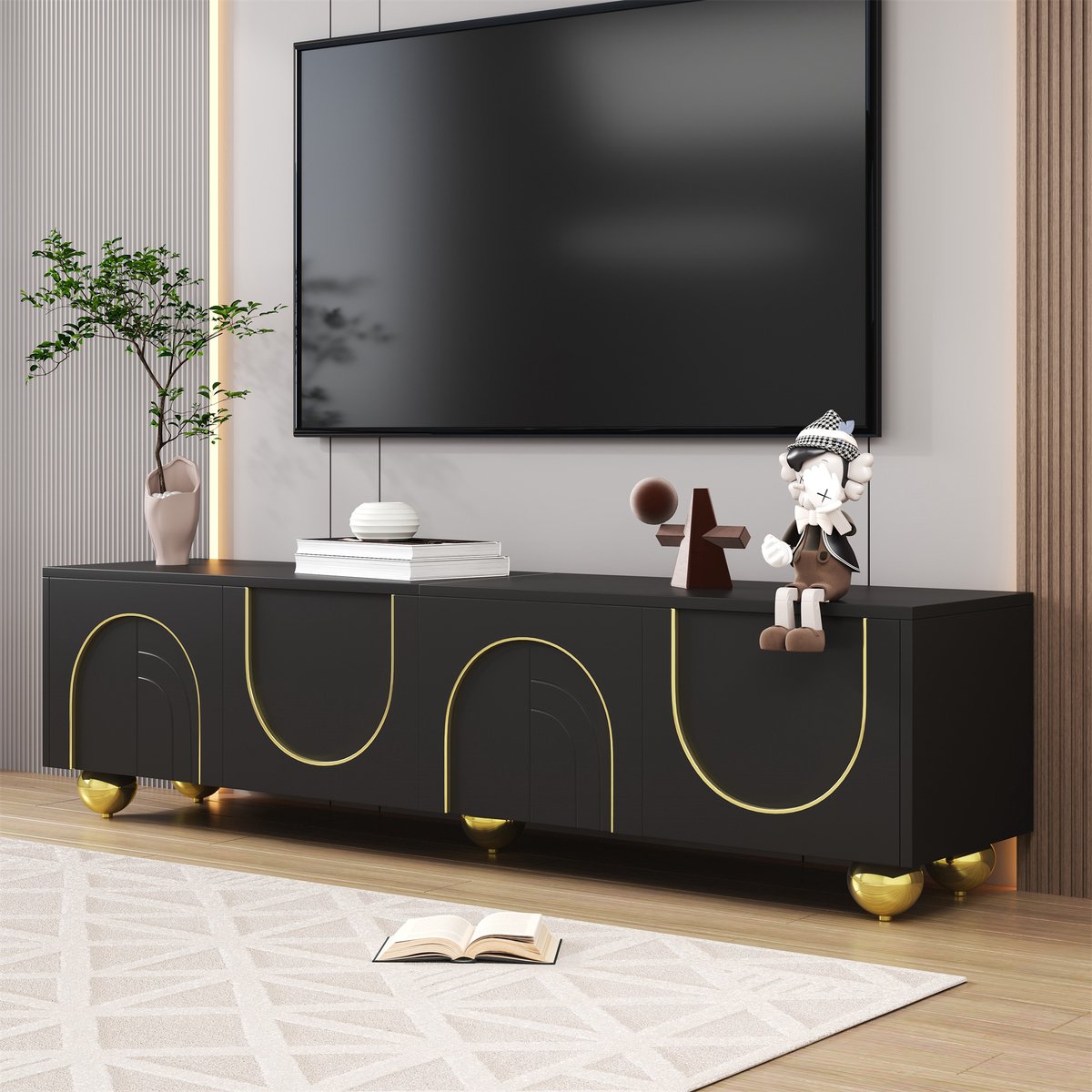 REDOM TV-meubel - spaanplaat - met gebogen gouden versieringen en houtsnijwerk - 170*38*44 cm Black Zwart