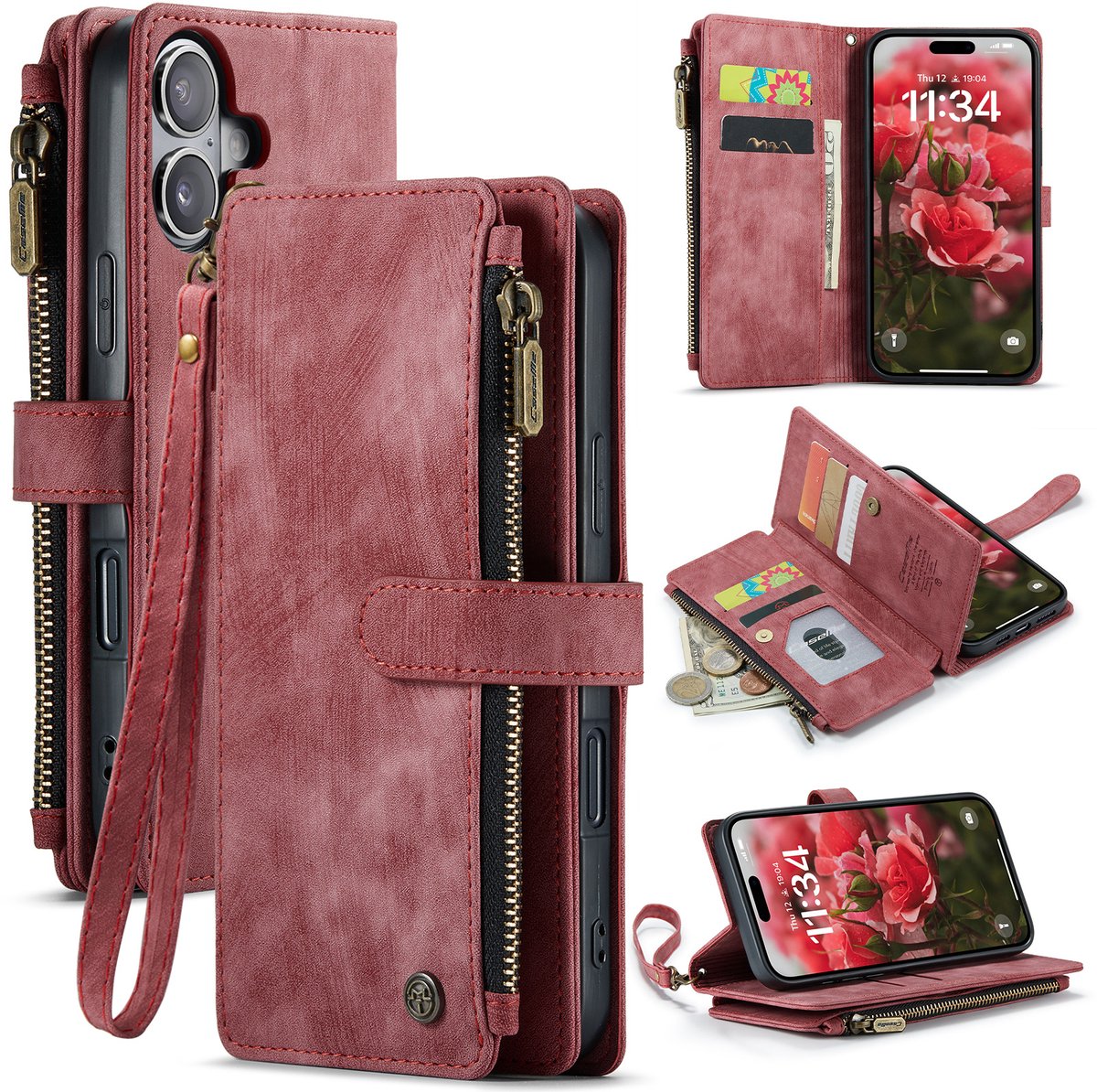 Caseme Geschikt voor iPhone 17 PU leren hoesje - portemonnee - Rood