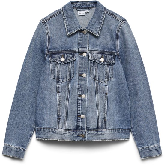 Blauw denim spijkerjack met knopen, borstzakken en rafelige zoom.