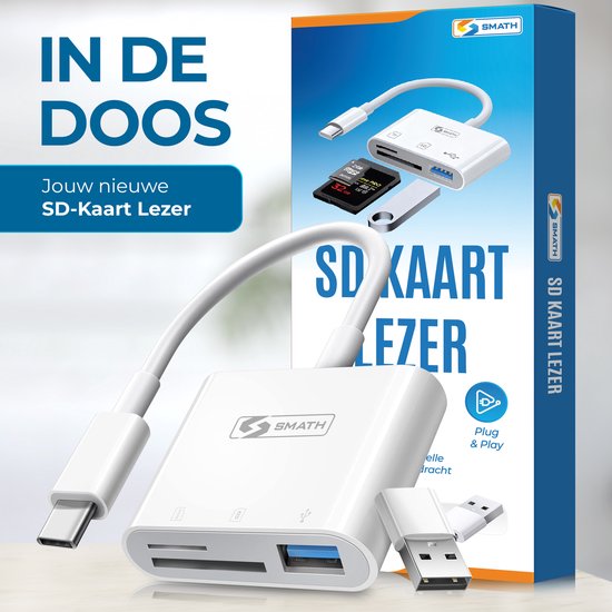 Witte Smath SD-kaartlezer met USB-C aansluiting, SD-kaart en USB-stick.