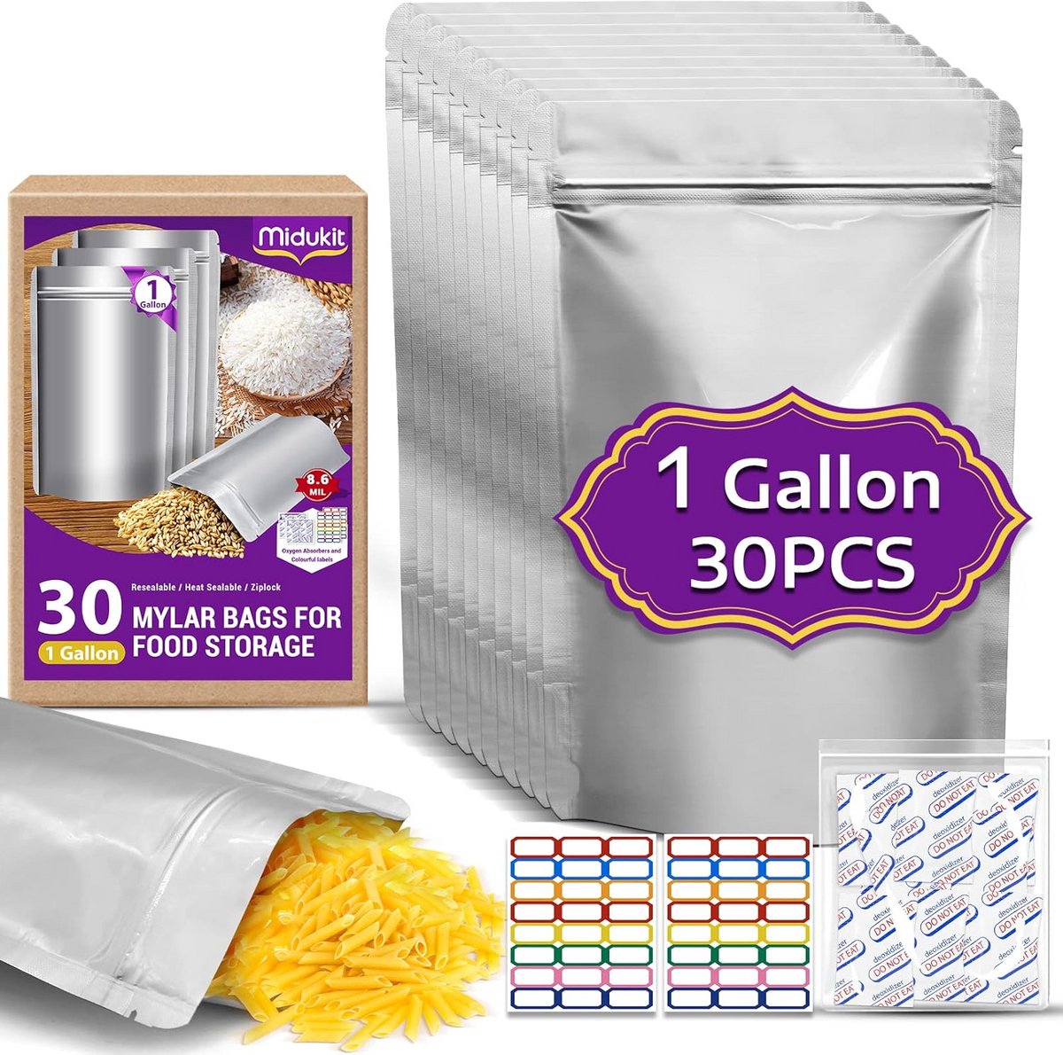 Mylar zakken voor voedselopslag - 25x35 cm - Zuurstofabsorberend - Heat Sealable - Pack van 30