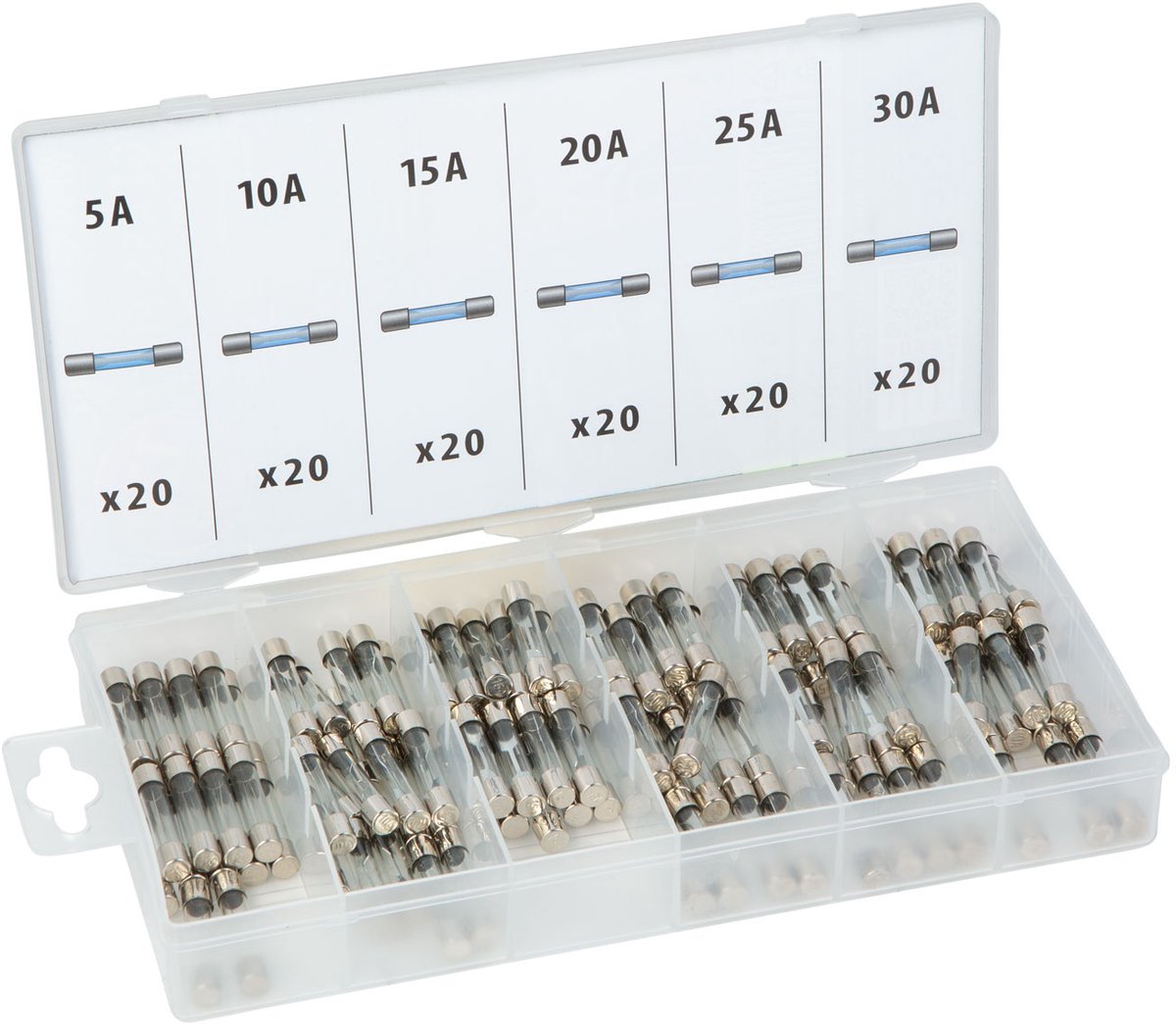 Glaszekering Set 120 Stuks 5–30A – Assortimentsdoos Met Auto En Huishoudzekeringen – Glazen Zekeringen 6 × 32 Mm – Zekeringenset Voor Auto, Car Audio En Elektrische Apparatuur – Inclusief Opbergdoos – 5A 10A 15A 20A 25A 30A [05714]