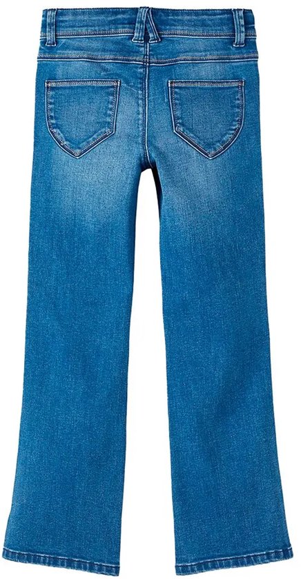 Achterkant van een blauwe jeans met twee zakken.