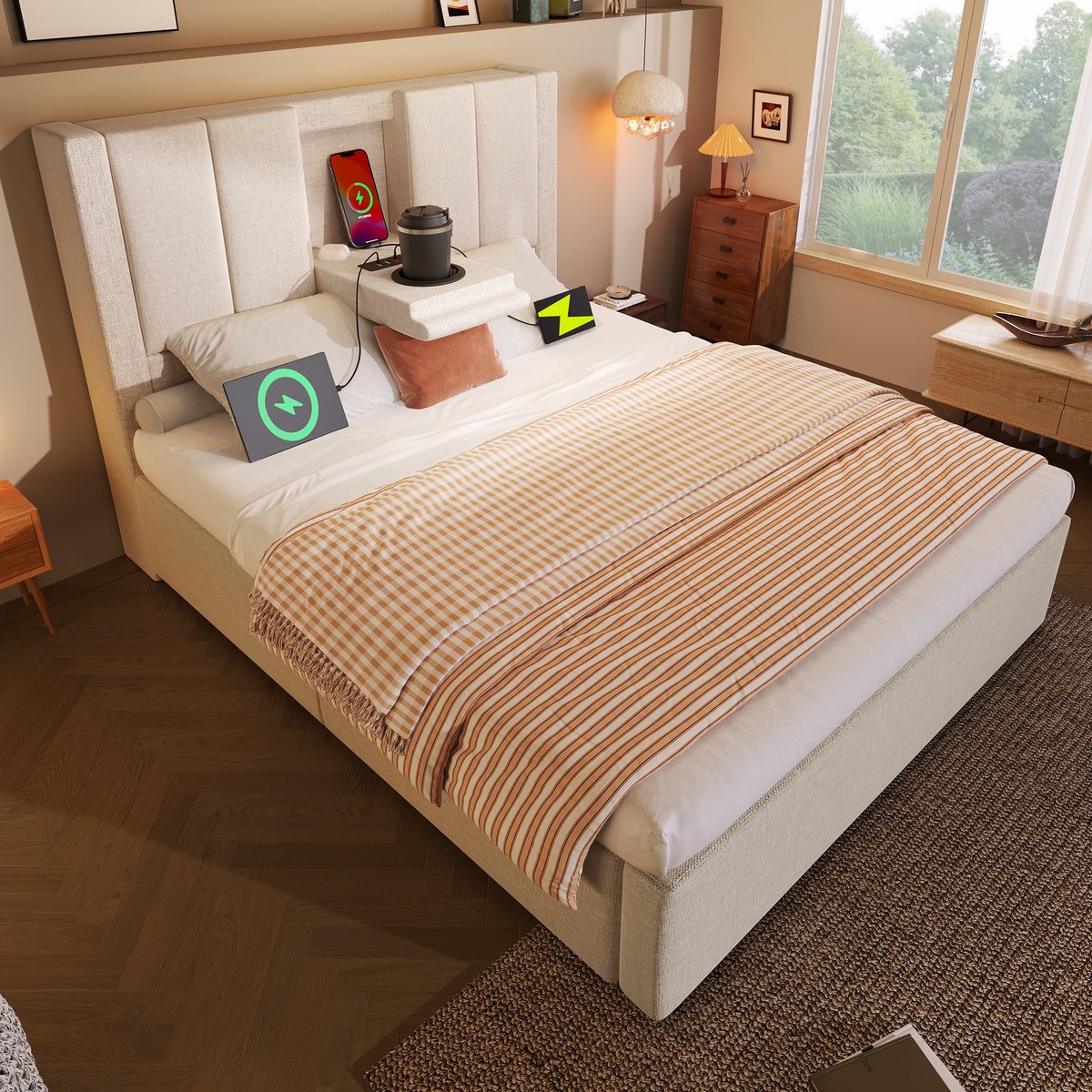 Sweiko Gestoffeerd bed - 90x200 cm - Met bekerhouders - Oplaadpoorten - Opbergruimte - Linnen - Beige