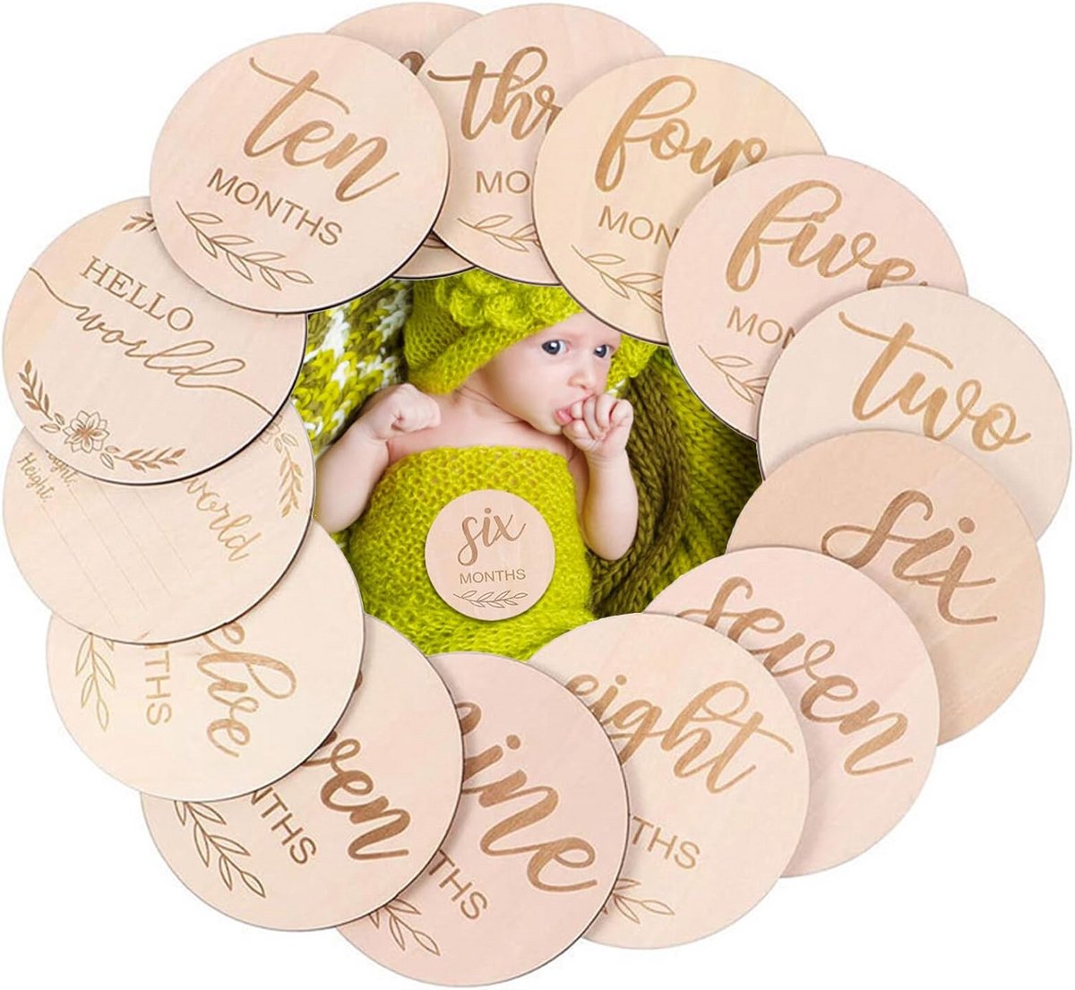 Houten mijlpaalkaarten voor baby's - 12 dubbele gegraveerde ronde kaarten - Perfect als cadeau voor geboorten en babyfeestjes