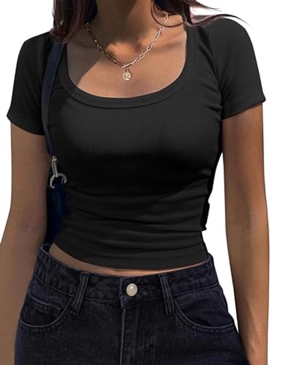 Elegante Dames T-shirt met Korte Mouwen en U-hals – Casual Crop Top in XS-XXL