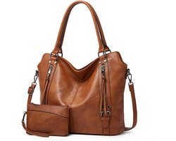 dames tassen - handtas - schoudertas - Schoudertas en kleine portemonnee 2-delige set - Tote bag - Zacht PU-leer - Grote capaciteit - eenvoudig ontwerp - Luxe tas - Bruin