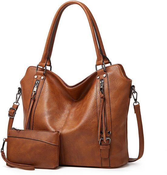 dames tassen - handtas - schoudertas - Schoudertas en kleine portemonnee 2-delige set - Tote bag - Zacht PU-leer - Grote capaciteit - eenvoudig ontwerp - Luxe tas - Bruin
