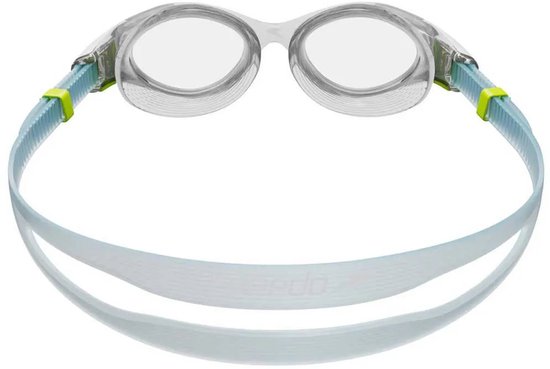 Speedo Biofuse 2.0 zwembril: helder frame, lichtblauwe band en dubbele hoofdband.