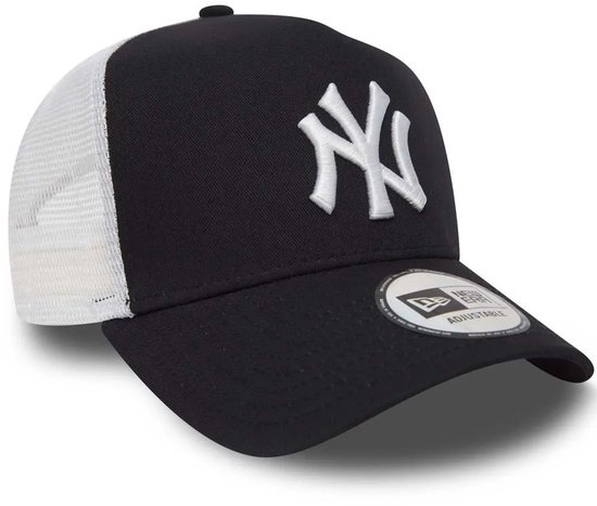 Casquette bleu marine avec logo 'NY' blanc, côtés et visière en mesh blanc.