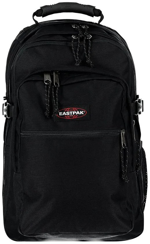 Zwarte Eastpak rugzak met rood logo.