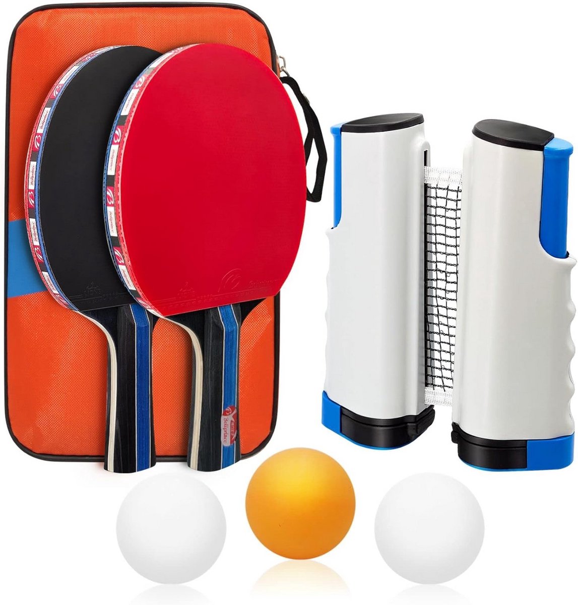 Tafeltennisset met 2 Pingpongbatjes, 3 Ballen, Uittrekbaar Net en Tas