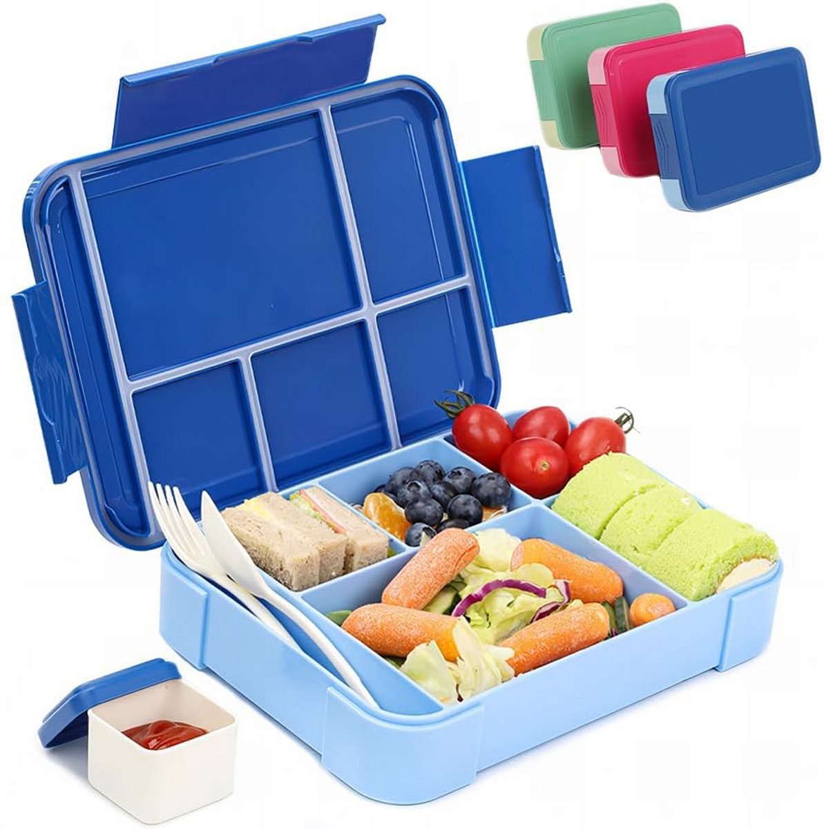 Broodtrommel voor kinderen met vakken, 1330 ml, lekvrij, bento box, lunchbox met bestekset, blauw