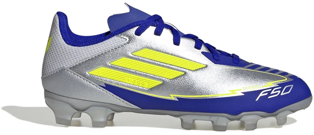Zilveren Adidas F50 League Messi voetbalschoenen voor kinderen, maat EU 28 1/2, met blauwe en gele accenten.