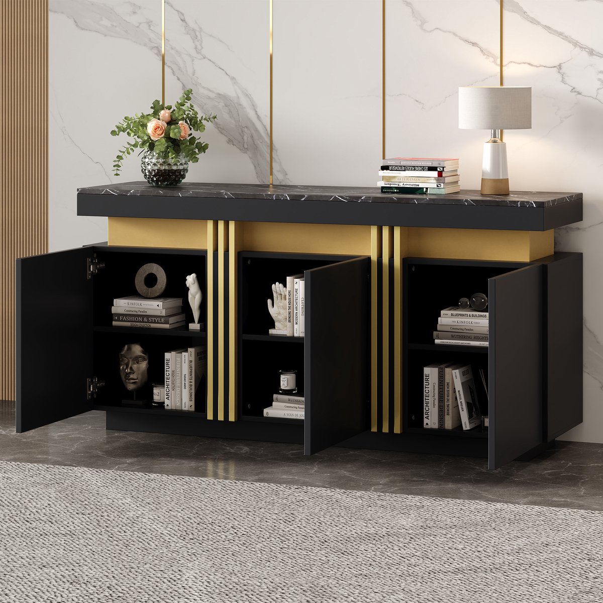 STILVORA Dressoir - Strak Spaanplaat Dressoir Met Marmerlook Blad En Goudaccenten - 3 Deuren 6 Vakken Met Verstelbare Planken - 140x38x70 cm - Zwart+Goud
