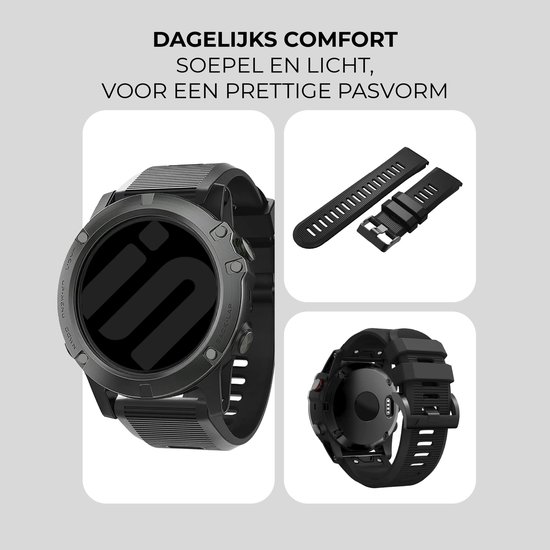 Set van een zwarte smartwatch, een losse band en de achterkant van de smartwatch.