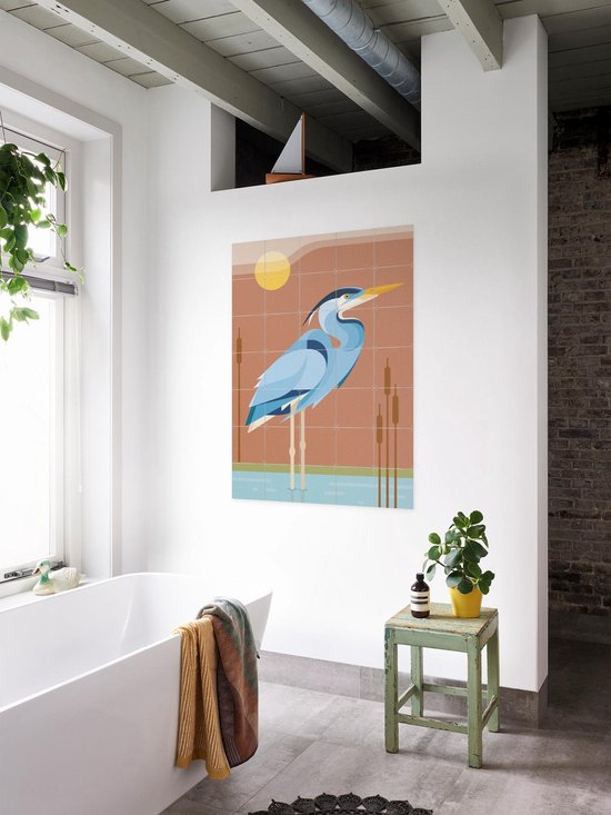 IXXI Héron bleu, Elke Uijtewaal - 80 x 100 cm - Système d'accrochage inclus - Grande décoration murale et affiche - Coloré, Illustrations, Design graphique