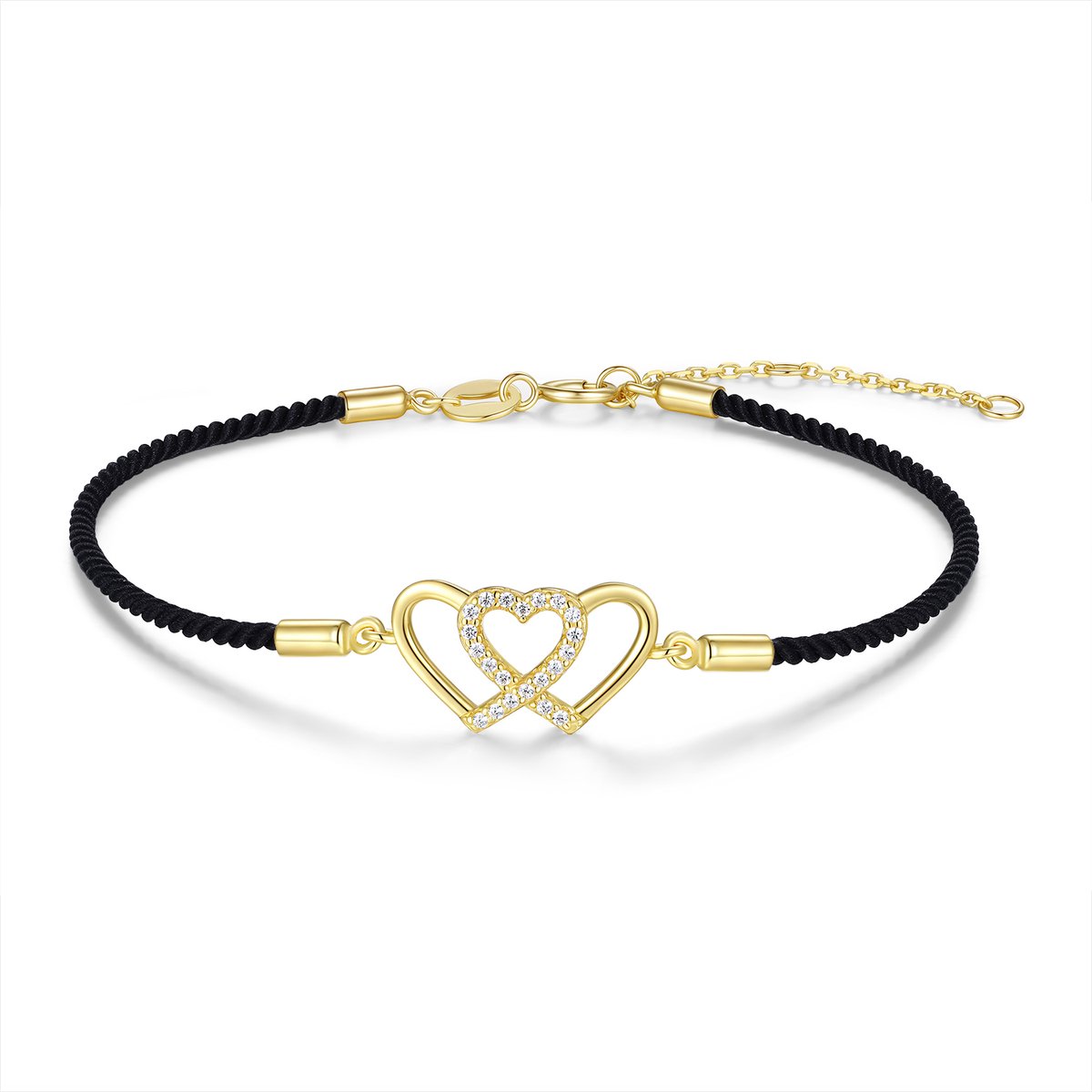 New Bling 9NB-1708 – Zilveren macramé armband zwart – Hartjes – Goudkleurig/Zwart – 925 zilver – Verstelbaar 16+2 cm