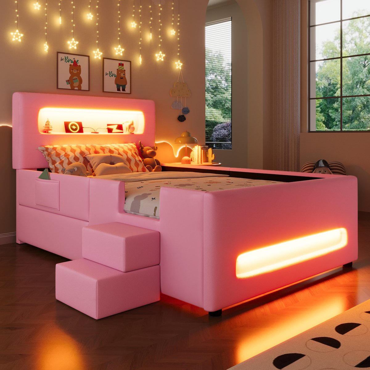 HAUSS SPOLE Gestoffeerd Bed 90x200cm - Platformbed met Lade en LED-licht - voor Kinderkamer met Opbergruimte - PU & MDF - Roze - Zonder matras